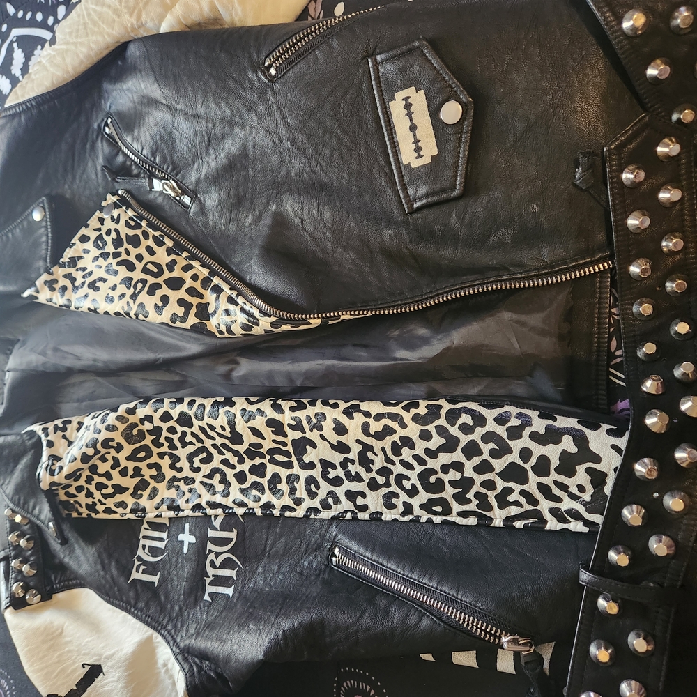 Studded Black Leather Jacket with Animal Print